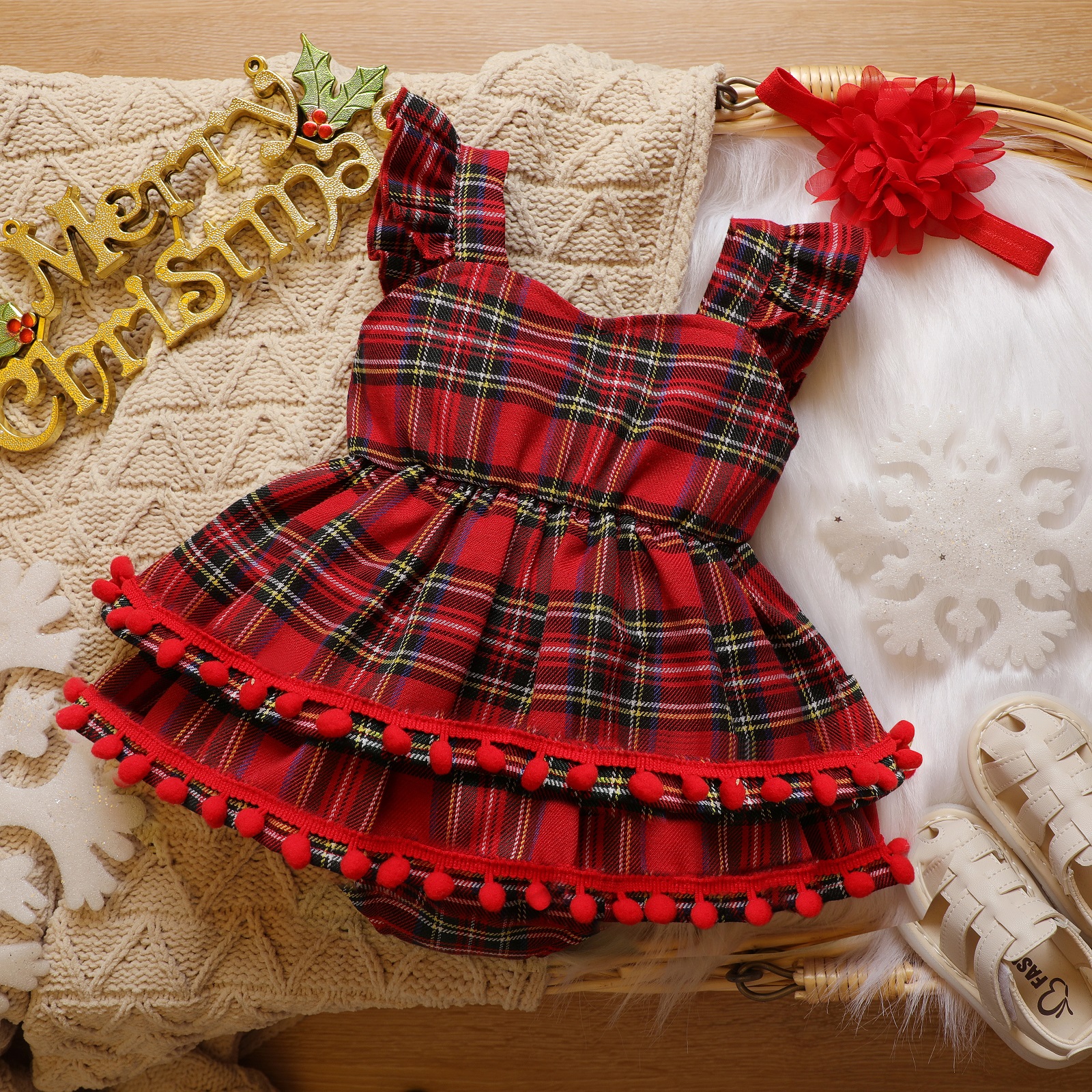 

Christmas 2pcs Baby Red Plaid Sleeveless Ruffle Pom Poms Party Romper Dress Set