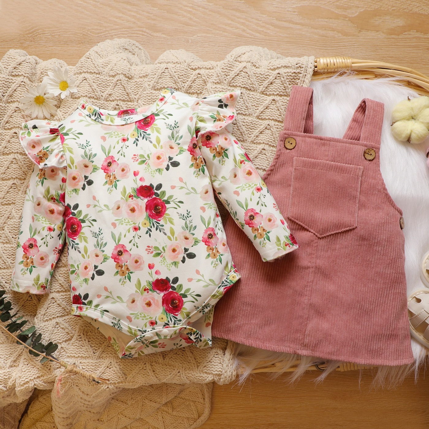 

2pcs Baby Floral Print Ruffle Long-sleeve Romper and Corduroy Overall Dress Set