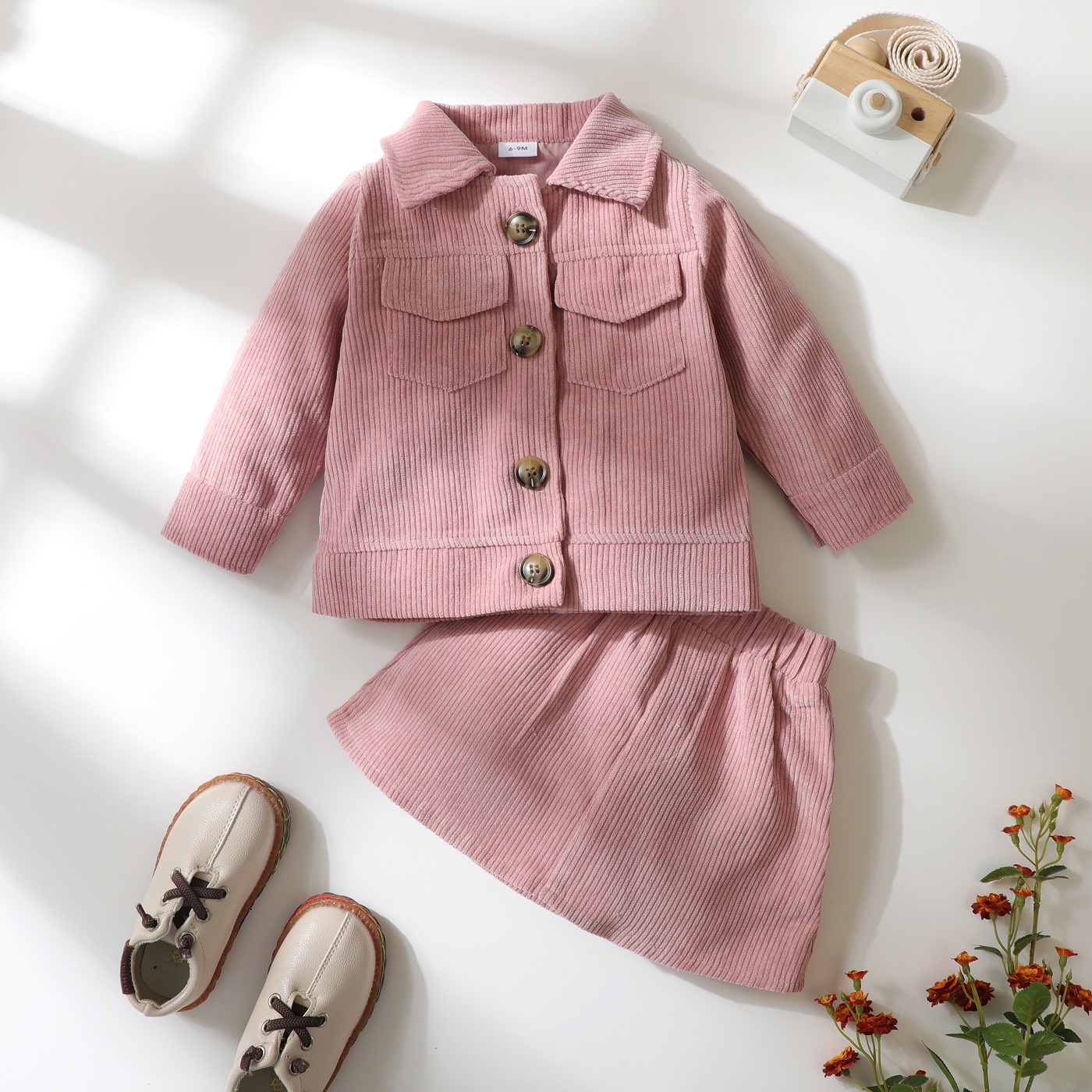 

2pcs Baby Girl Pink Corduroy Lapel Long-sleeve Jacket and Mini Skirt Set