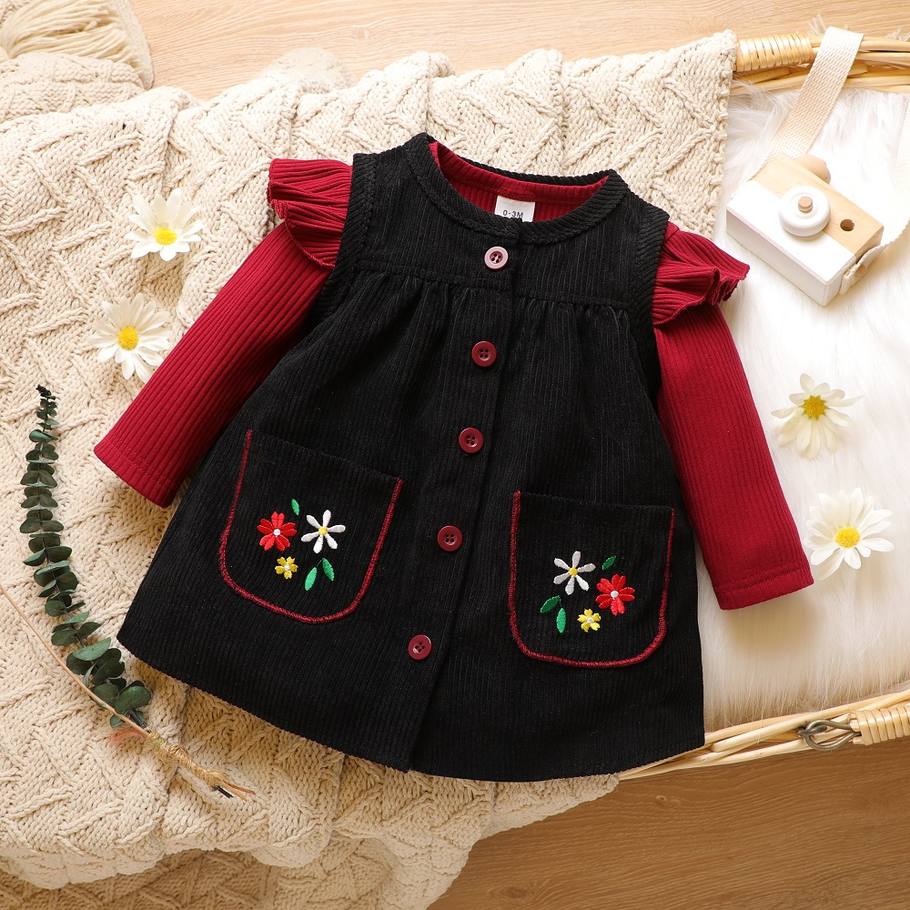 

2pcs Baby Girl Solid Ribbed Long-sleeve Romper and Sleeveless Embroidered Corduroy Dress Set