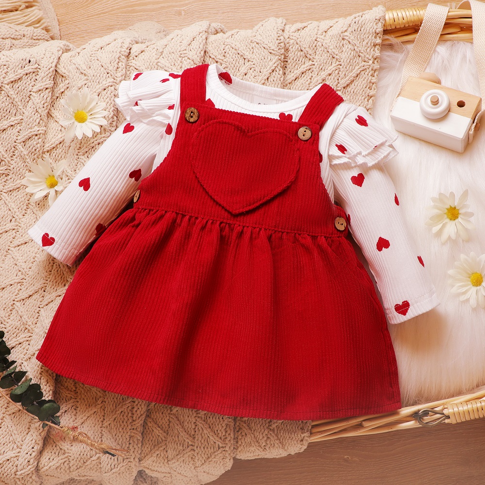 

2pcs Baby Girl Love Heart Print Ribbed Long-sleeve Romper and Overall Dress Set