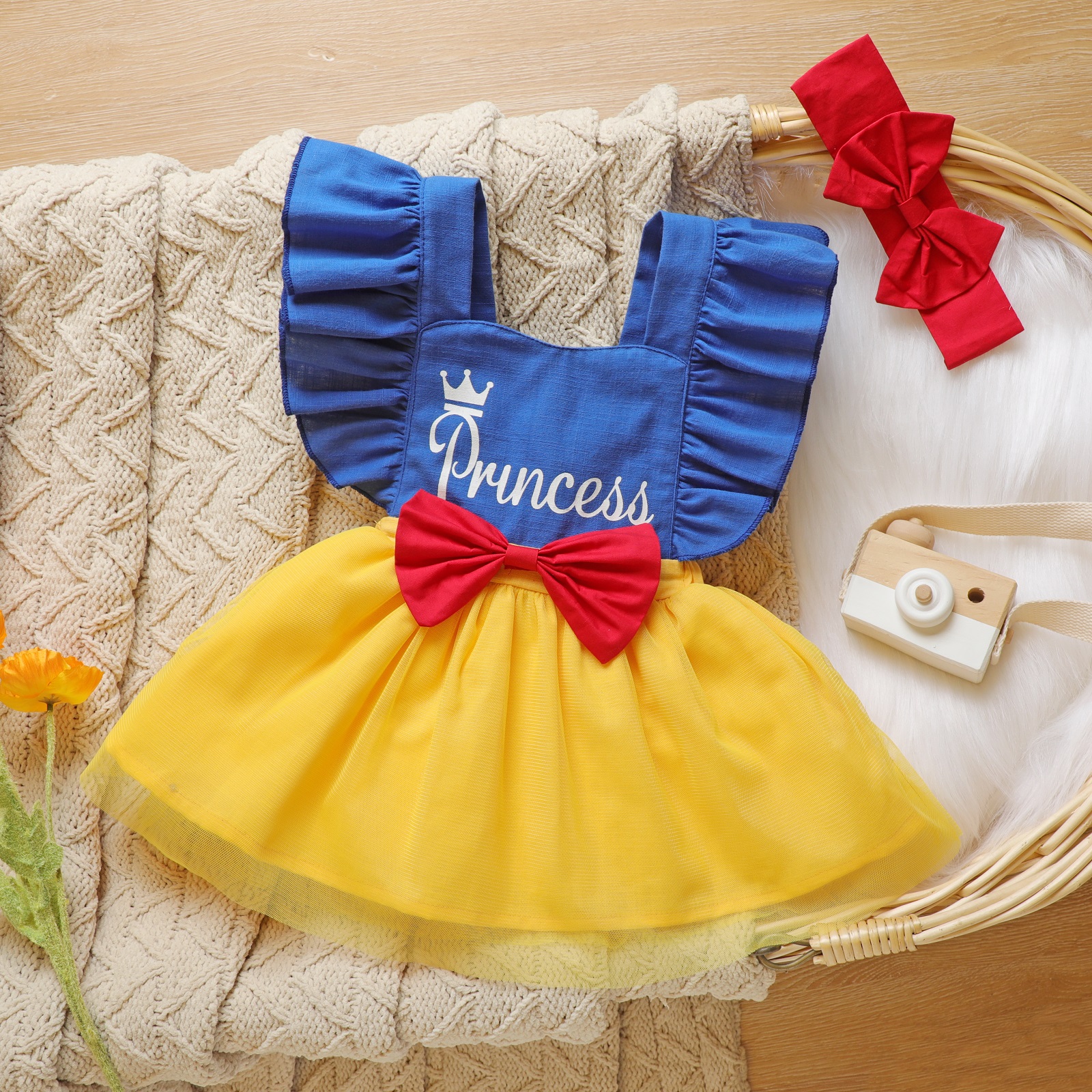 

100% Cotton 2pcs Baby Girl Letter Print Sleeveless Ruffle Colorblock Princess Dress with Headband Set