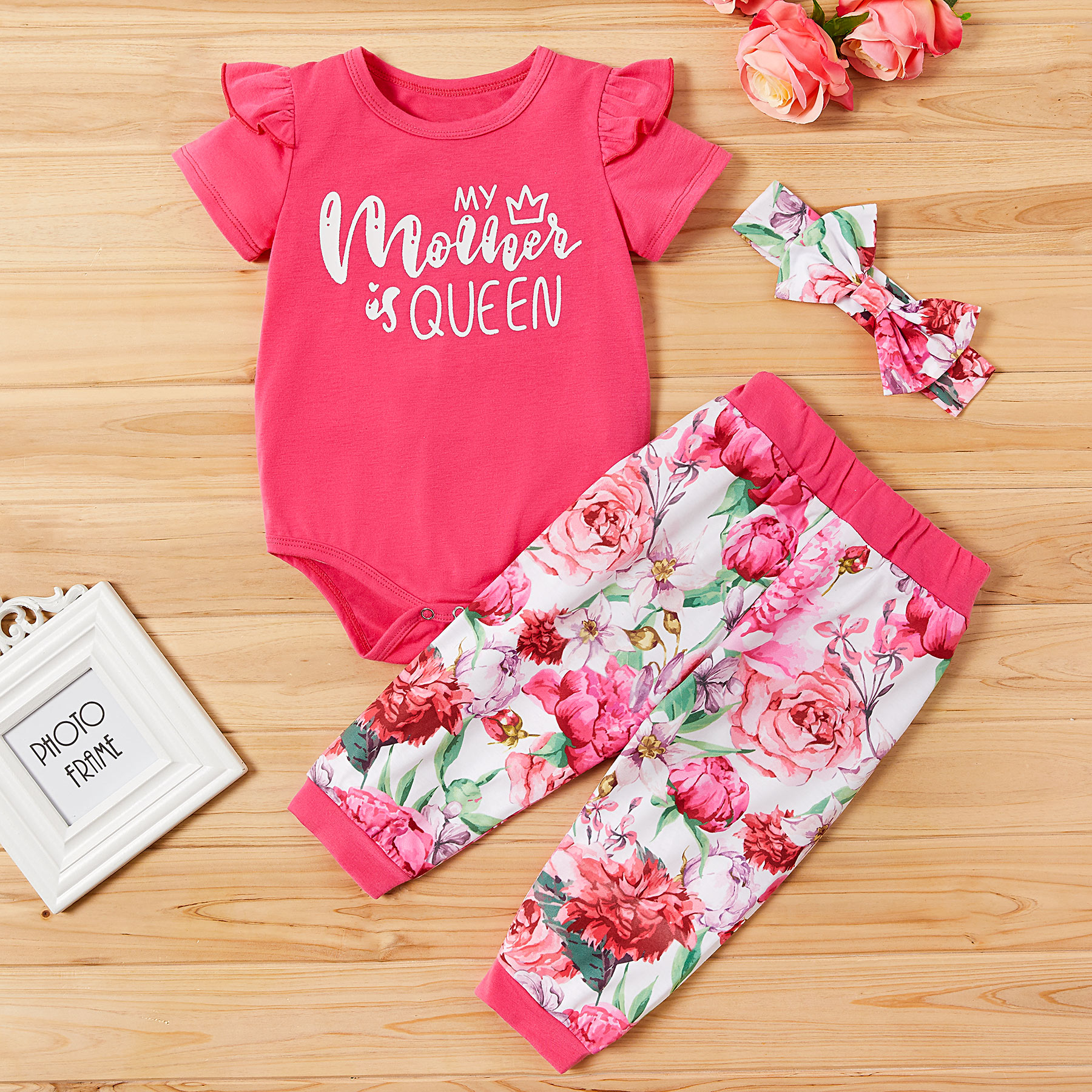 

3-piece Baby / Toddler MY MOTHER IS QUEEN Floral Romper and Floral Pants with Headband Set