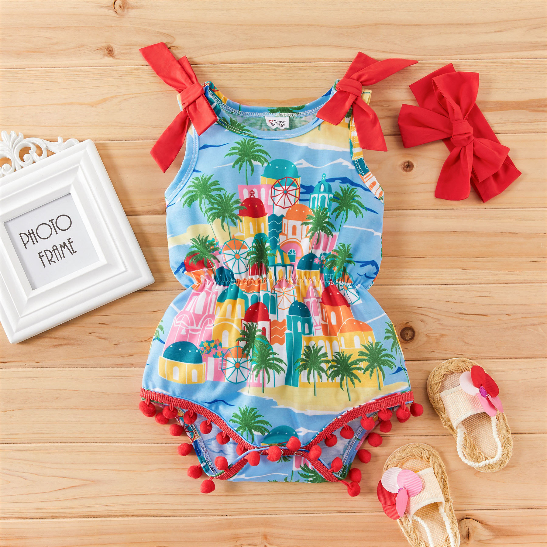 

Baby Holiday Island Print Pompon Decor Rompers with Headband