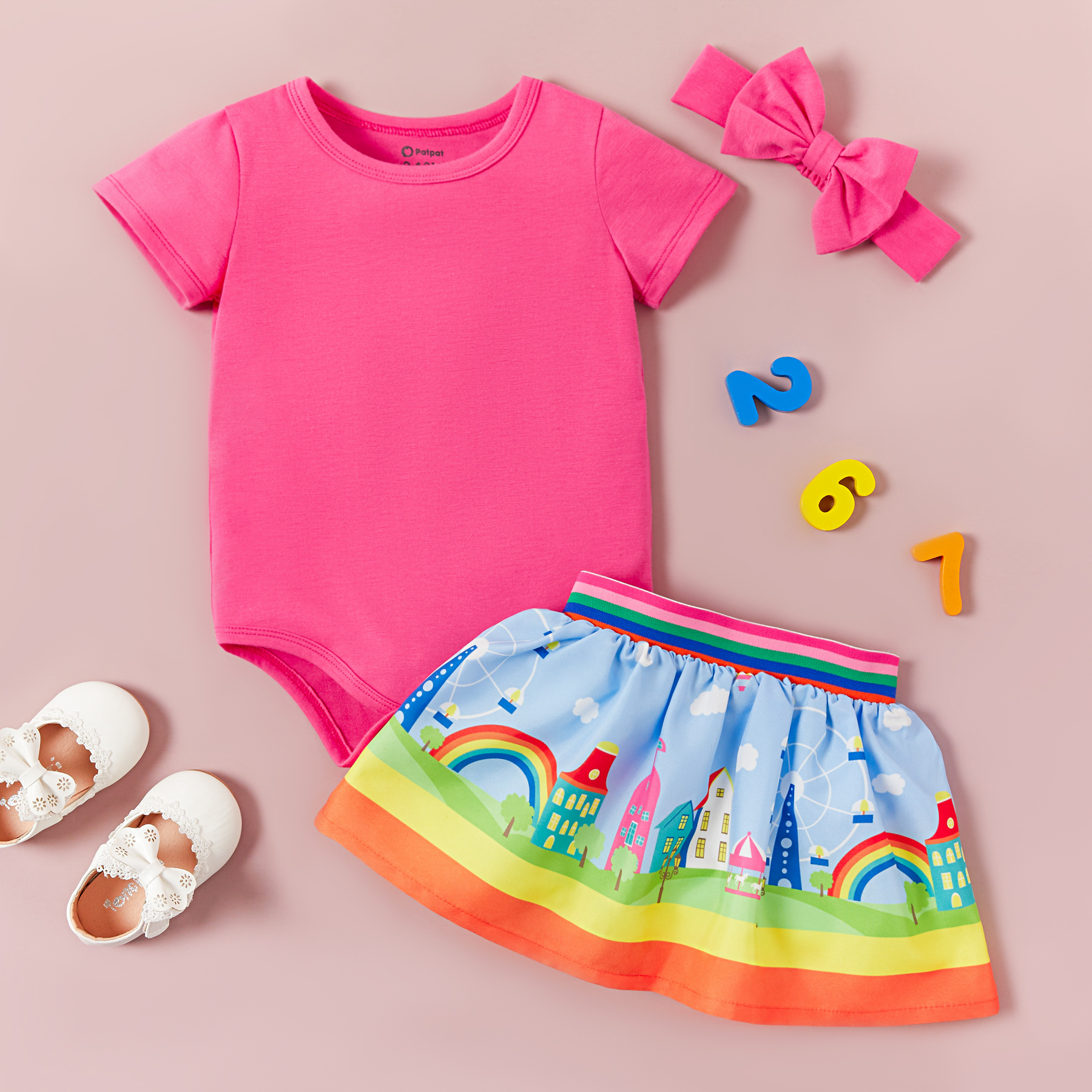 

3-piece Baby Solid Bodysuit, Rainbow Skirt and Headband Set