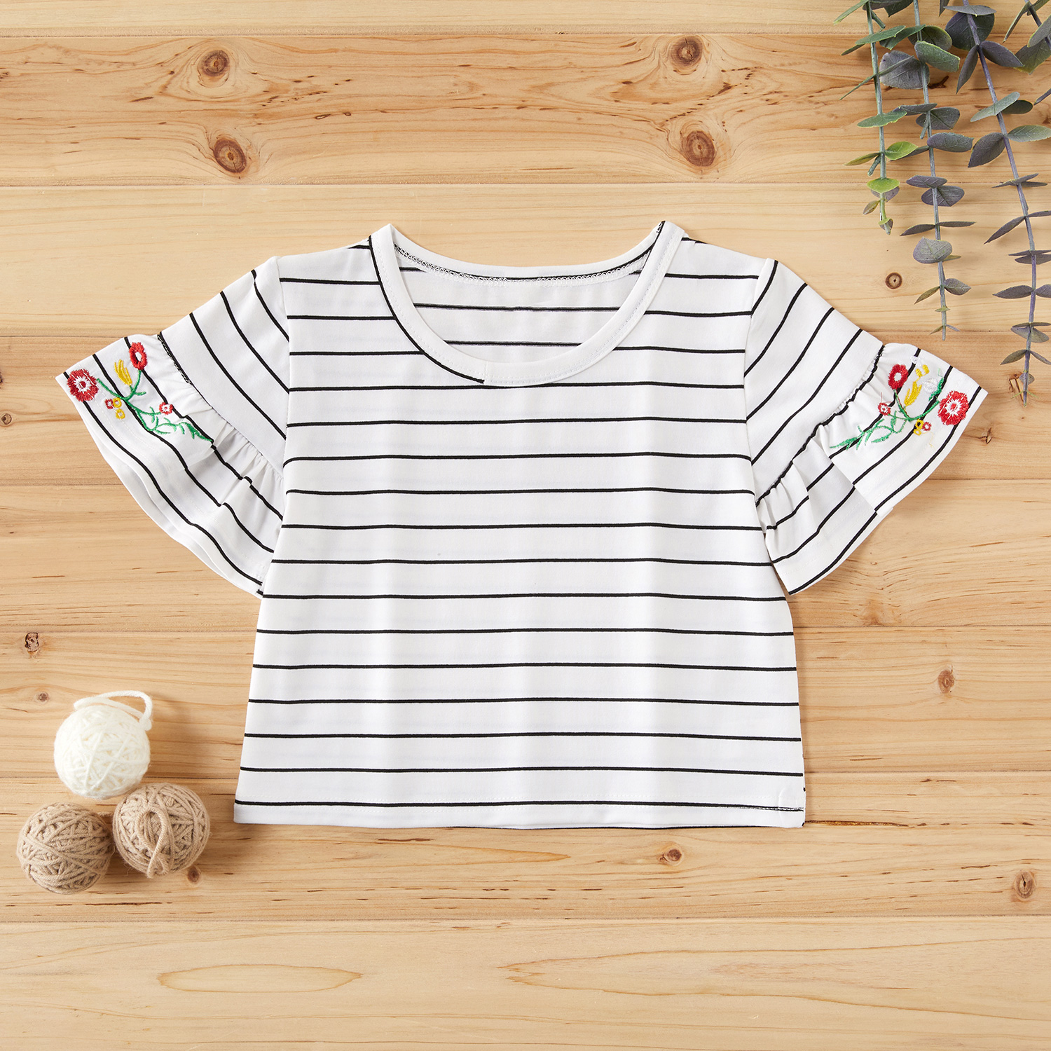 

Toddler Girl Pretty Floral Embroidery Striped Tee