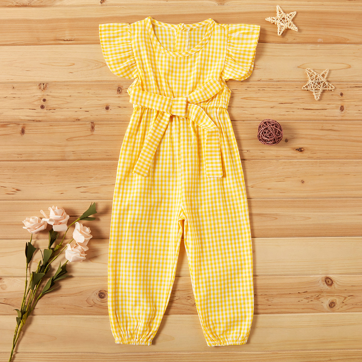 

Baby / Toddler Girl Casual Solid Plaid Flutter-sleeve Jumpsuit