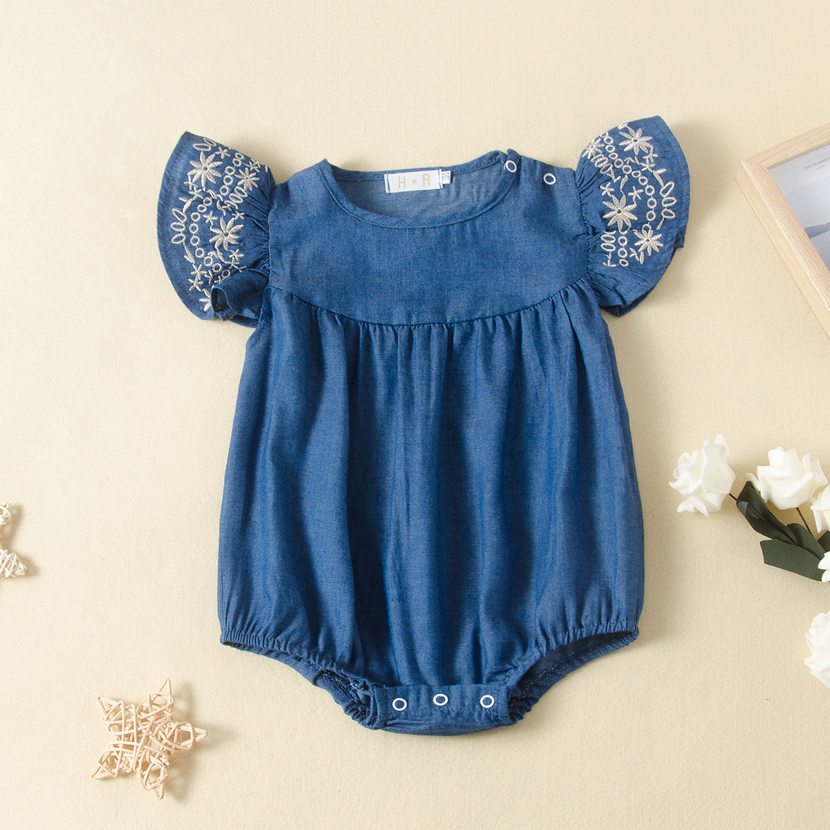 

Baby Embroidered Denim Flutter-sleeve Rompers