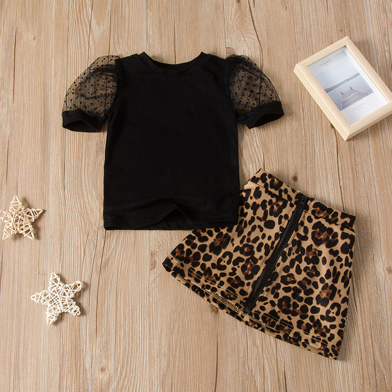 

Baby Casual Leopard Print Mesh Sleeve Top and Skirt Set Cotton