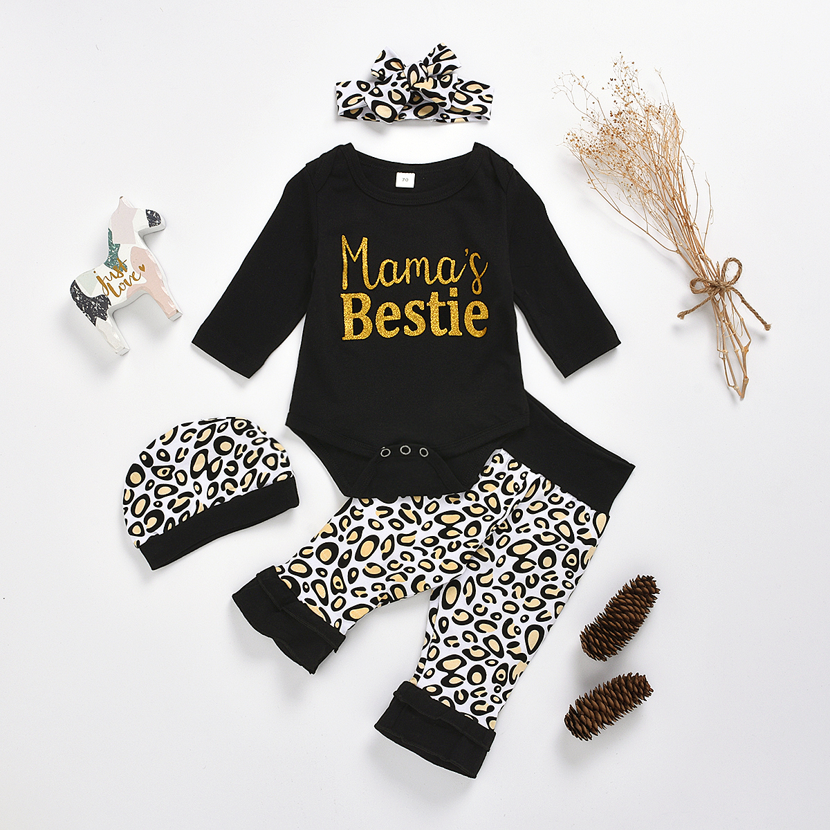 

Baby Girl Stylish Letter Print Romper and Leopard Pants Set with Headband and Hat