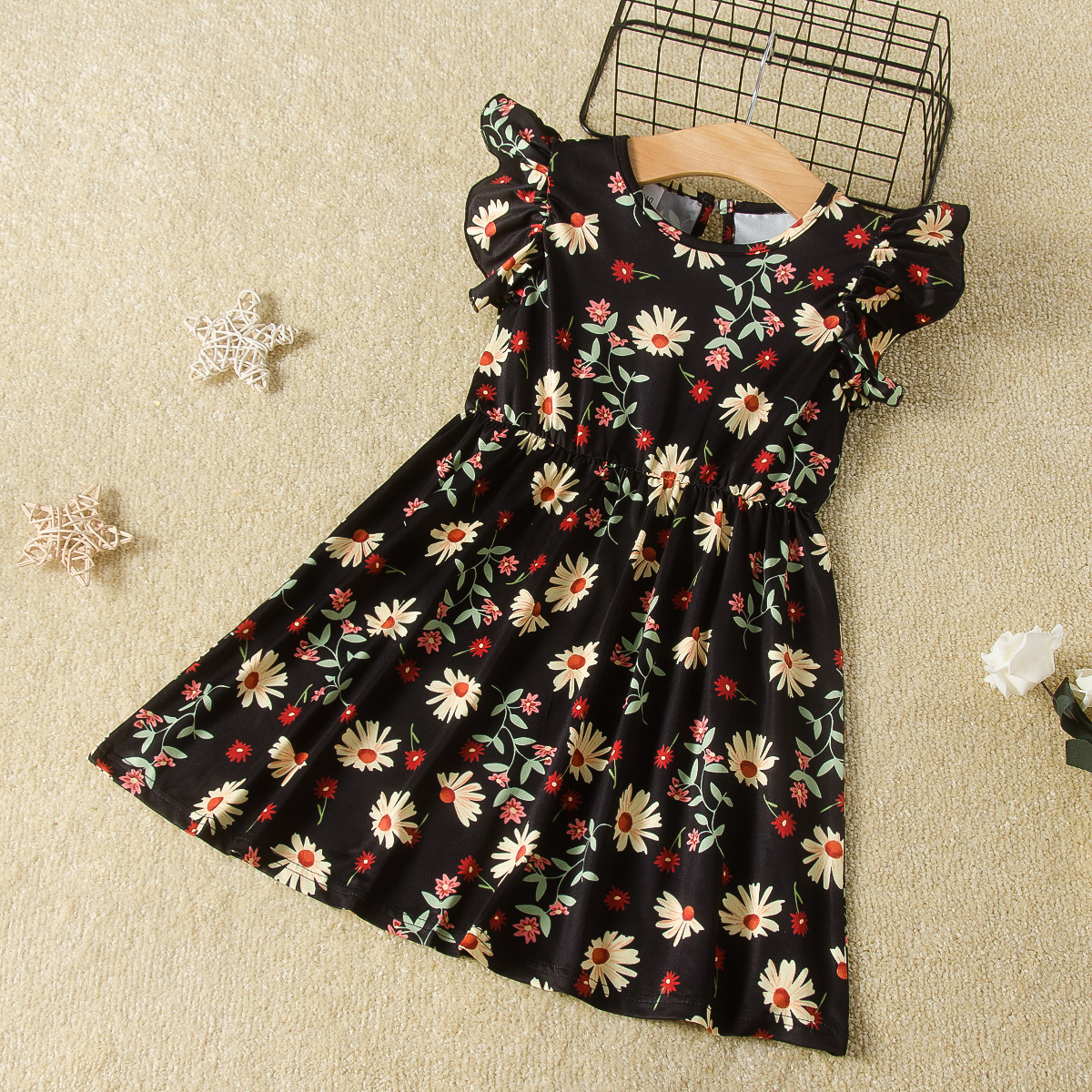 

Toddler Vintage Floral Print Flounce Decor Dress