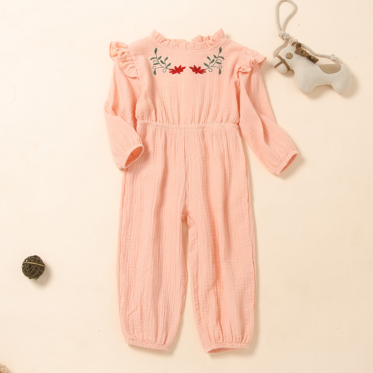 

Baby / Toddler Girl Floral Embroidered Ruffle Collar Long-sleeve Jumpsuit