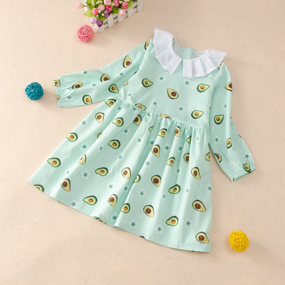 

Baby / Toddler Doll Collar Avocado Fruit Print Long-sleeve Dress
