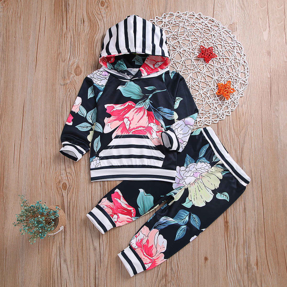

2pcs Baby Girl Sweet Floral Baby's Sets Hooded Fashion Infant Clothing Outfits