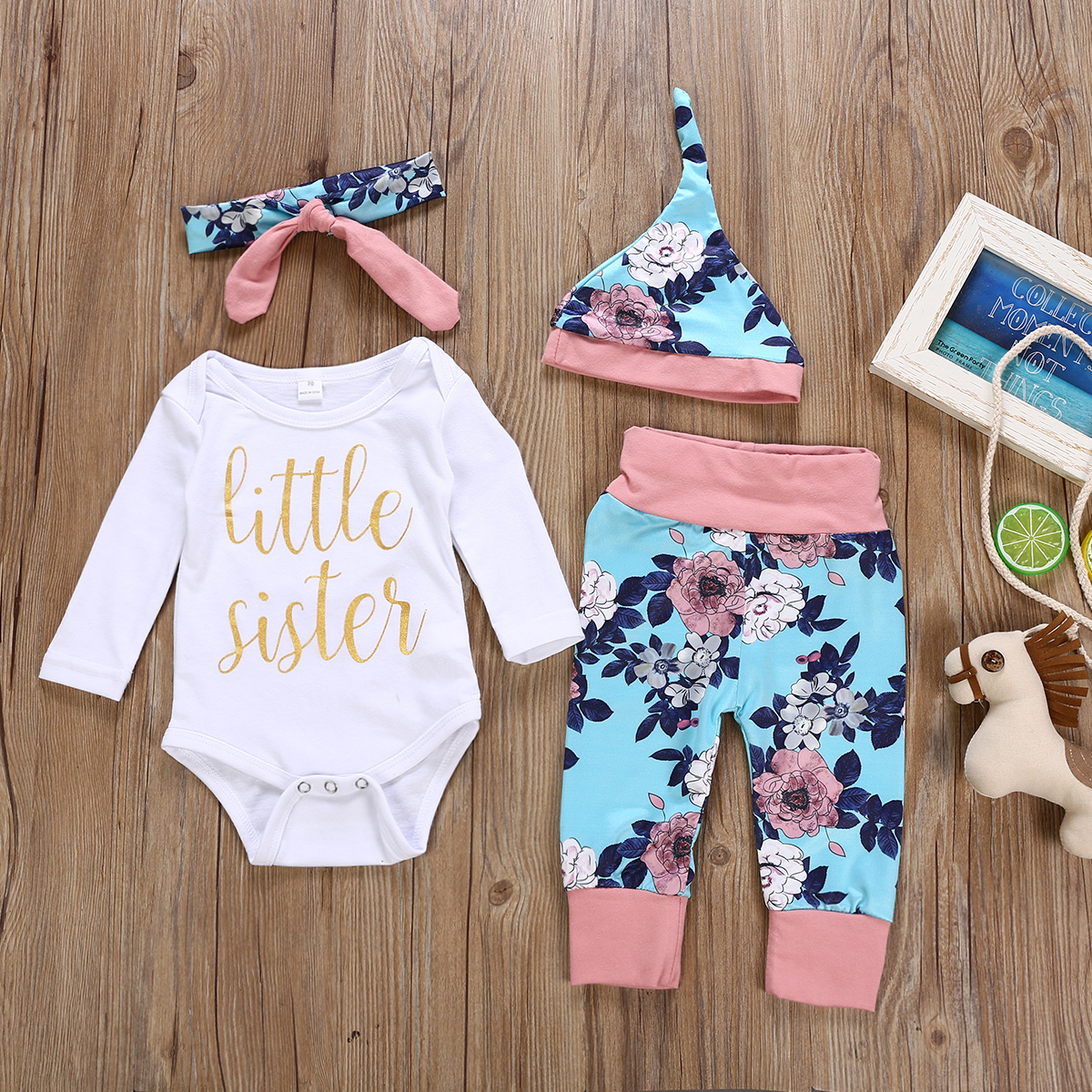 

4pcs Baby Girl Sweet Floral Baby's Sets Long Sleeve Romper Infant Clothing Outfits
