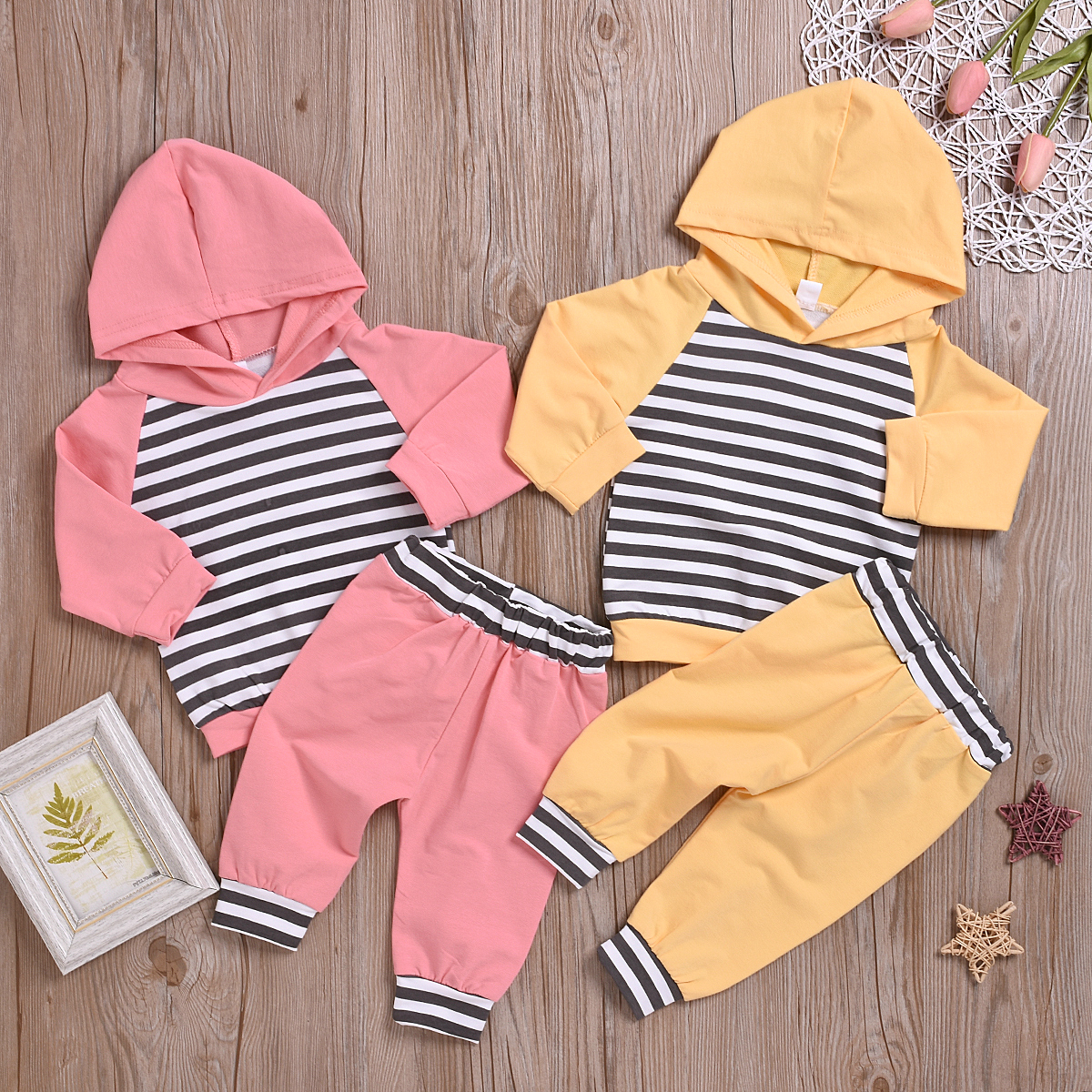 

2pcs Baby Unisex casual Stripes Baby's Sets Hooded Long Sleeve Infant Clothing Outfits