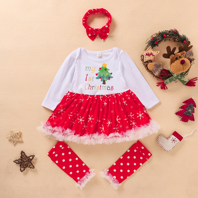

3-piece Baby Christmas Letter Tulle Dress Romper, Leggings and Headband Set