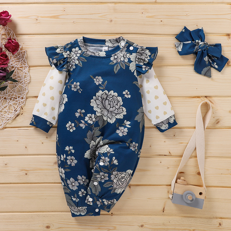 

2-piece Baby Floral Ruffled Polka Dots Jumpsuit and Headband Set