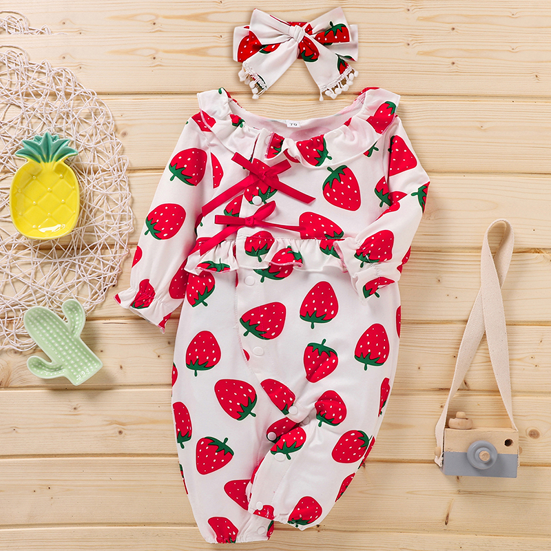 

2-piece Baby Strawberry Ruffled Jumpsuit and Headband Set