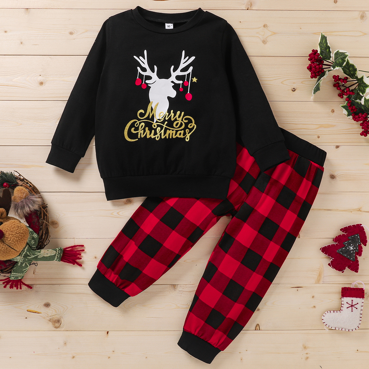 

2-piece Baby / Toddler Christmas Print Pullover and Plaid Pants Set