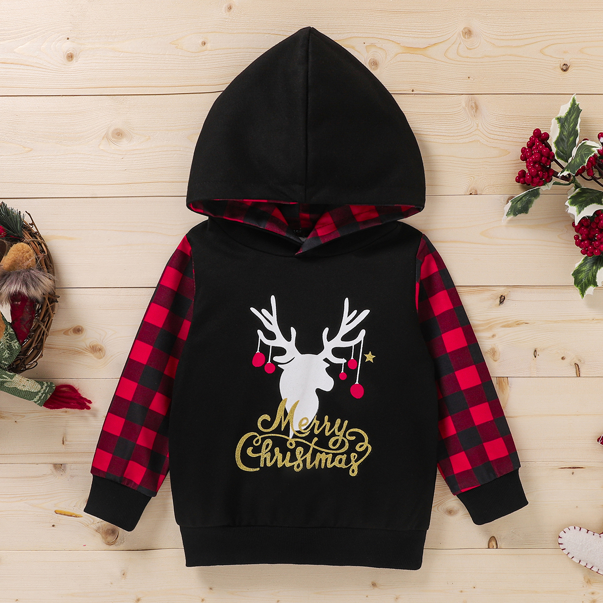 

Baby / Toddler Christmas Plaid Long-sleeve Hooded Pullover
