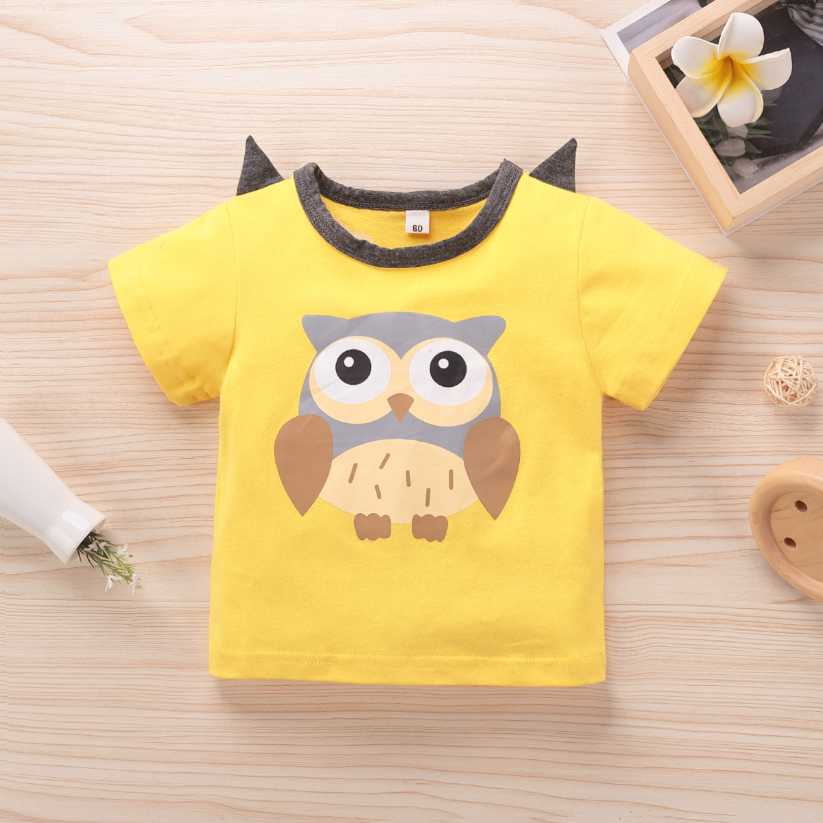 

Cartoon Owl Print Yellow Baby Short-sleeve Cotton T-shirt