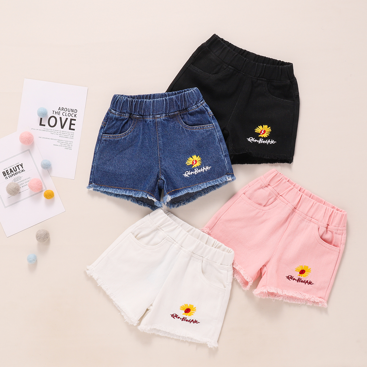 

100% Cotton Floral and Letter Embroidered Baby Denim Shorts