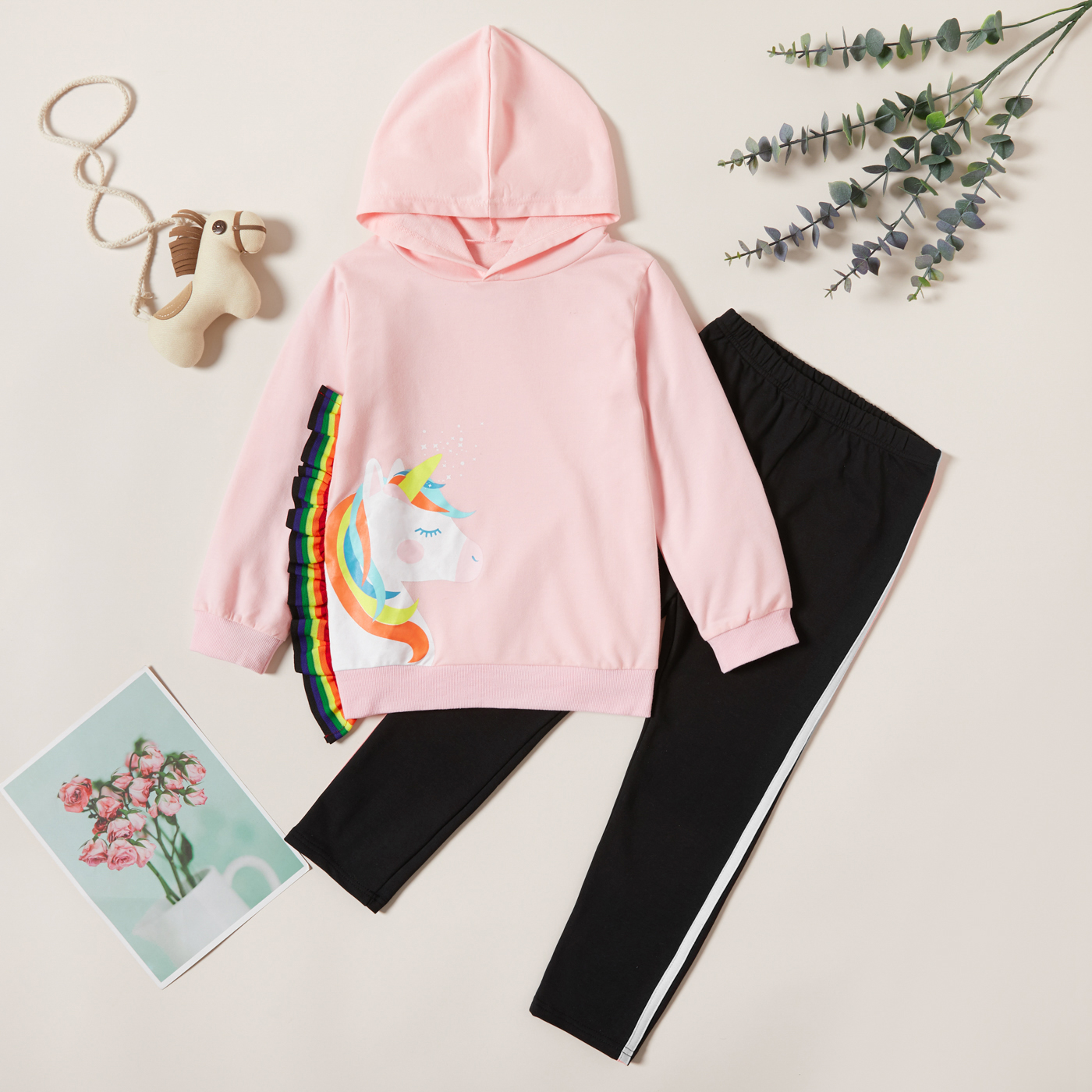 

Stylish Unicorn Rainbow Ruffled Hooded Sweatshirt and Striped Pants Set