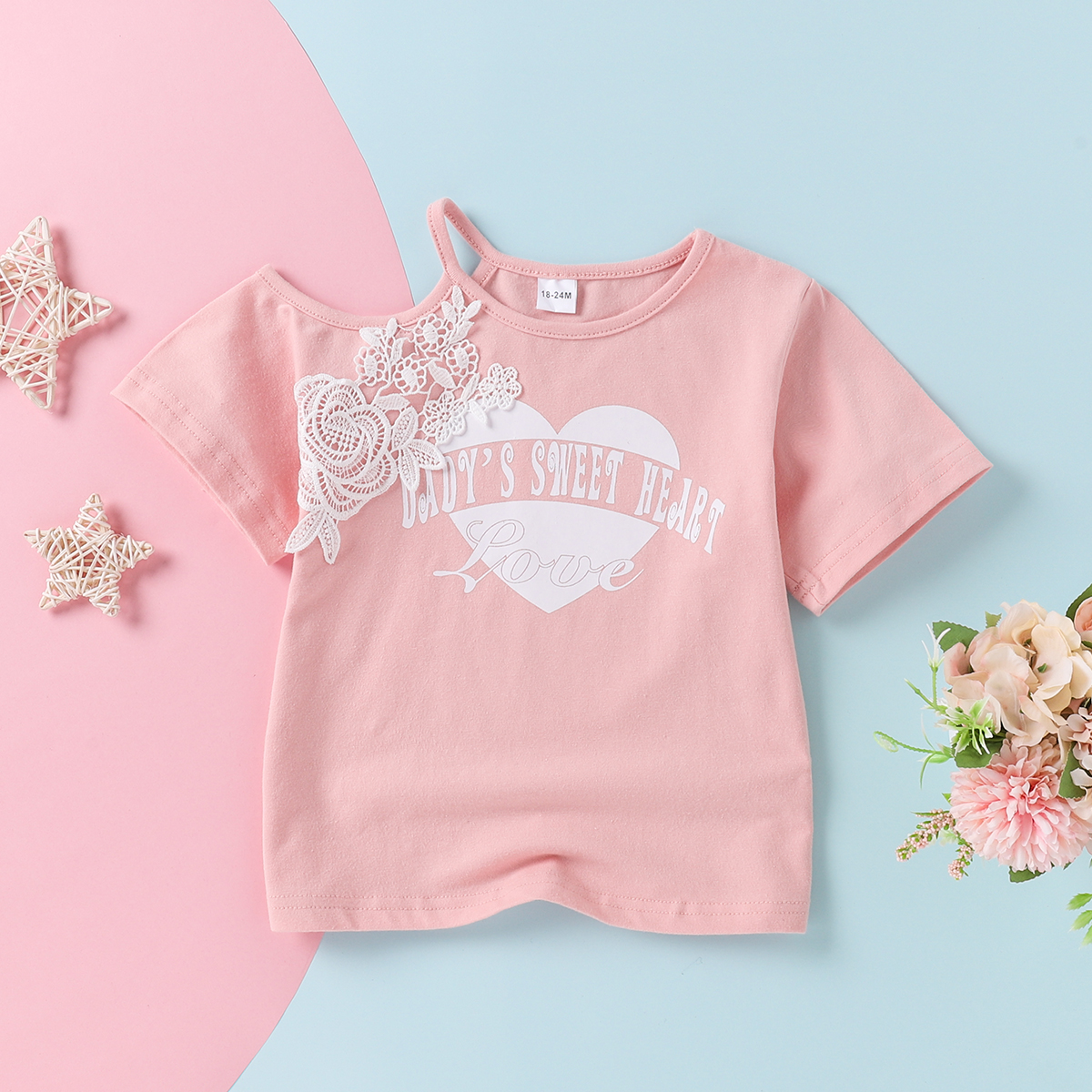 

1pc Toddler Girl Short-sleeve Cotton Heart Letter Floral Shirt