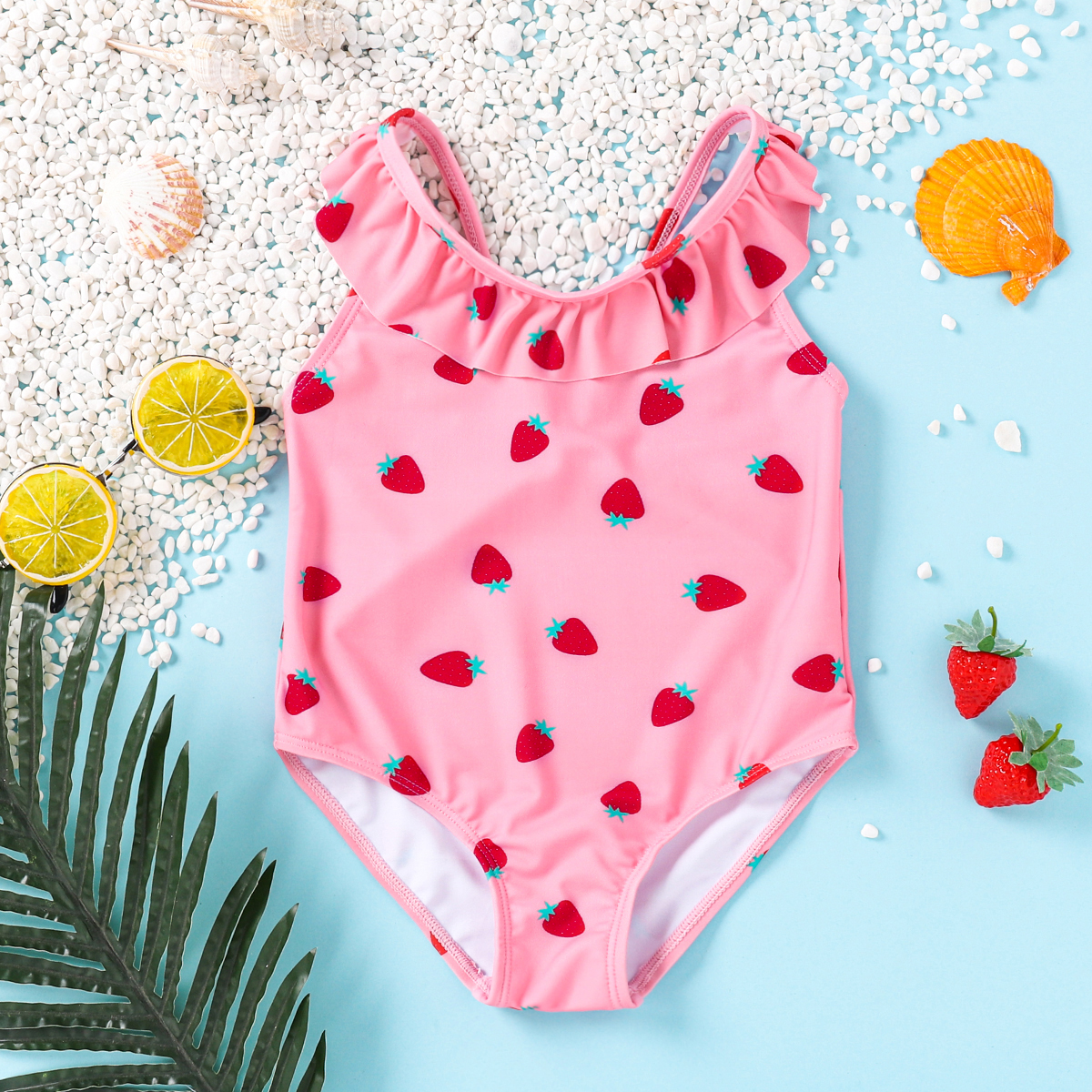 

Strawberry Print Sleeveless Baby Swimsuit