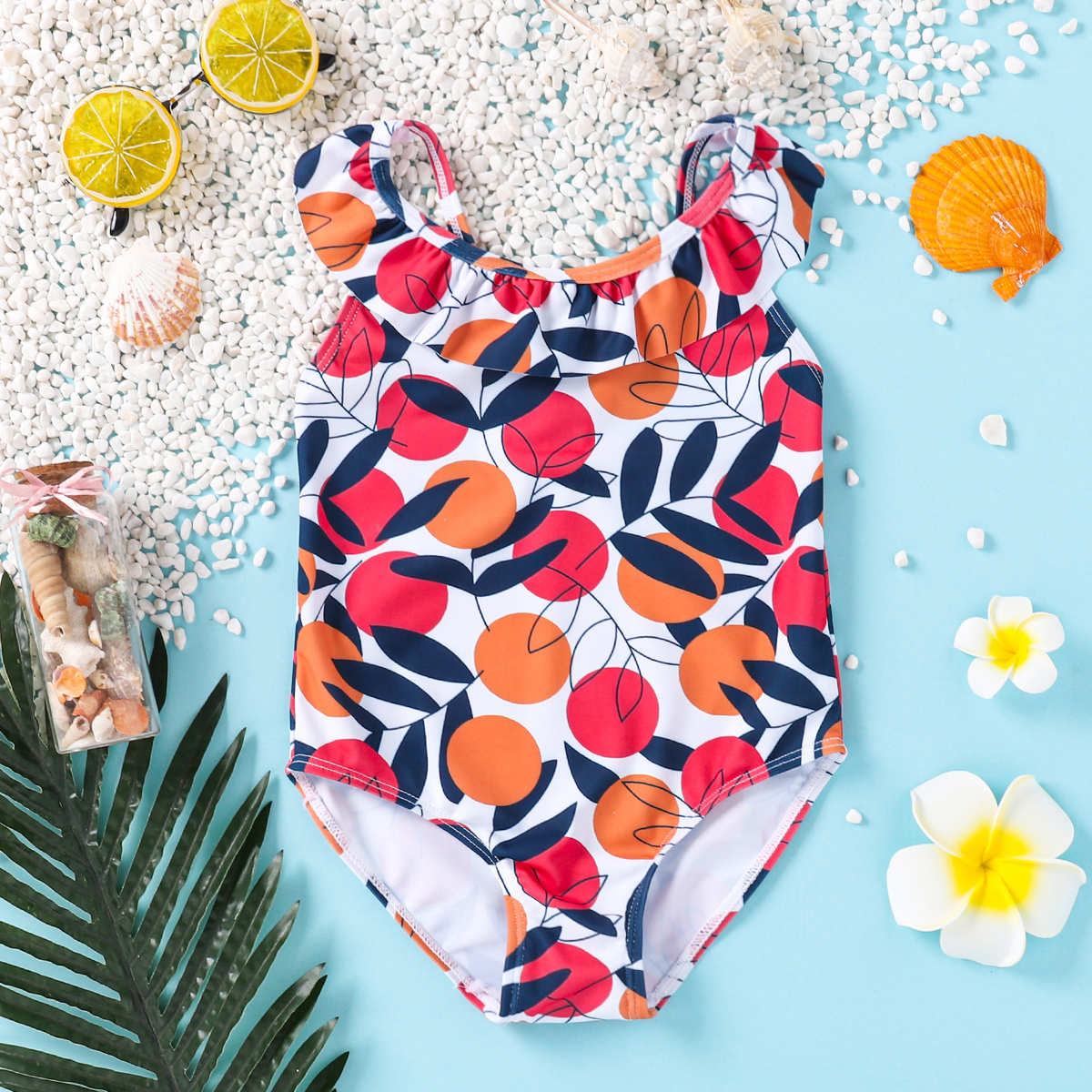 

Leaf Floral Print Backless Flutter-sleeve Baby Swimsuit