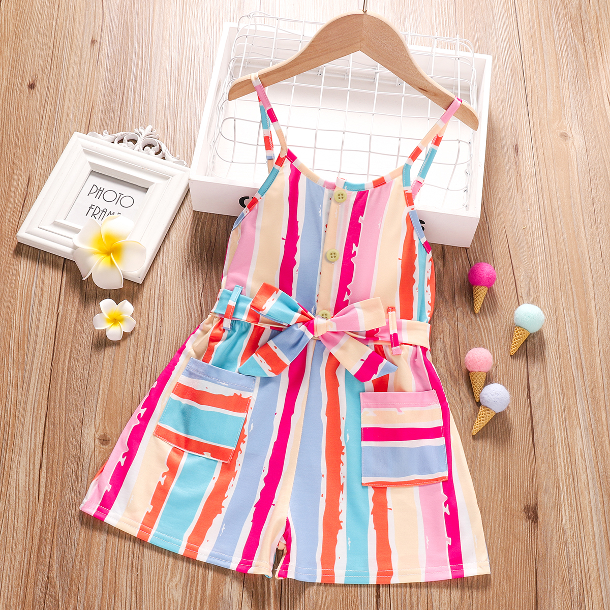 

Toddler Girl Bowknot Striped Splice Jumpsuit