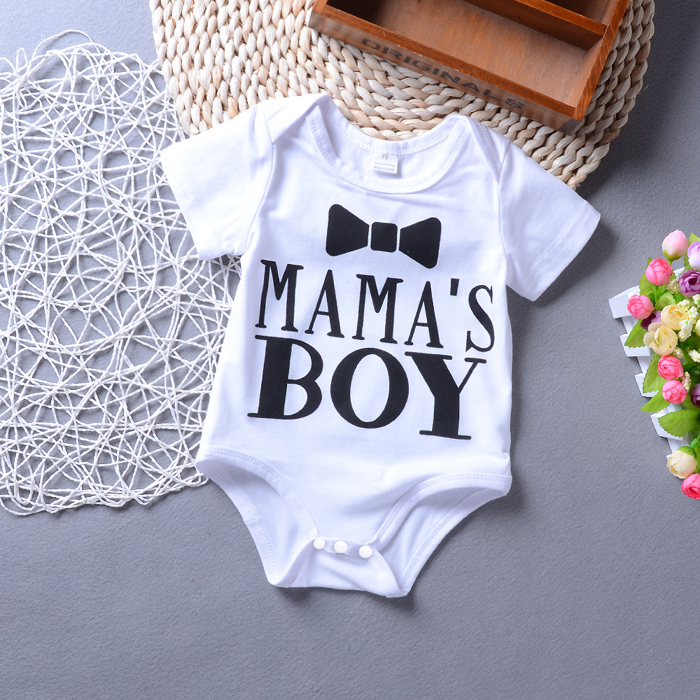 

100% Cotton Letter and Bow Tie Print Short-sleeve White Baby Romper