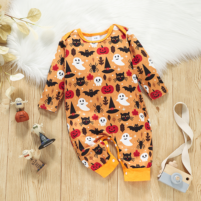 

Halloween Style Print Long-sleeve Orange Baby Jumpsuit