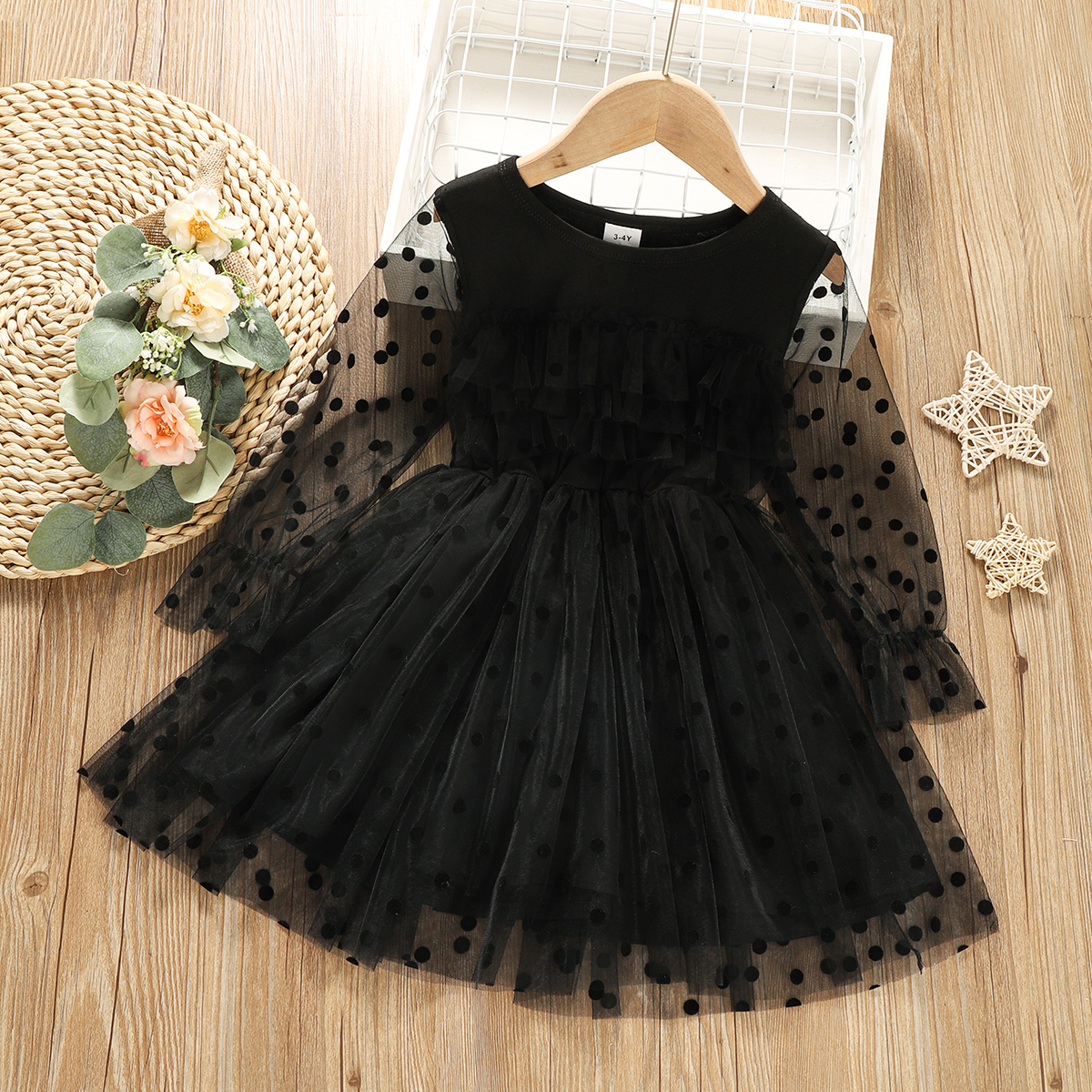

Toddler Girl Polka dots Mesh Long-sleeve Black Tulle Dress