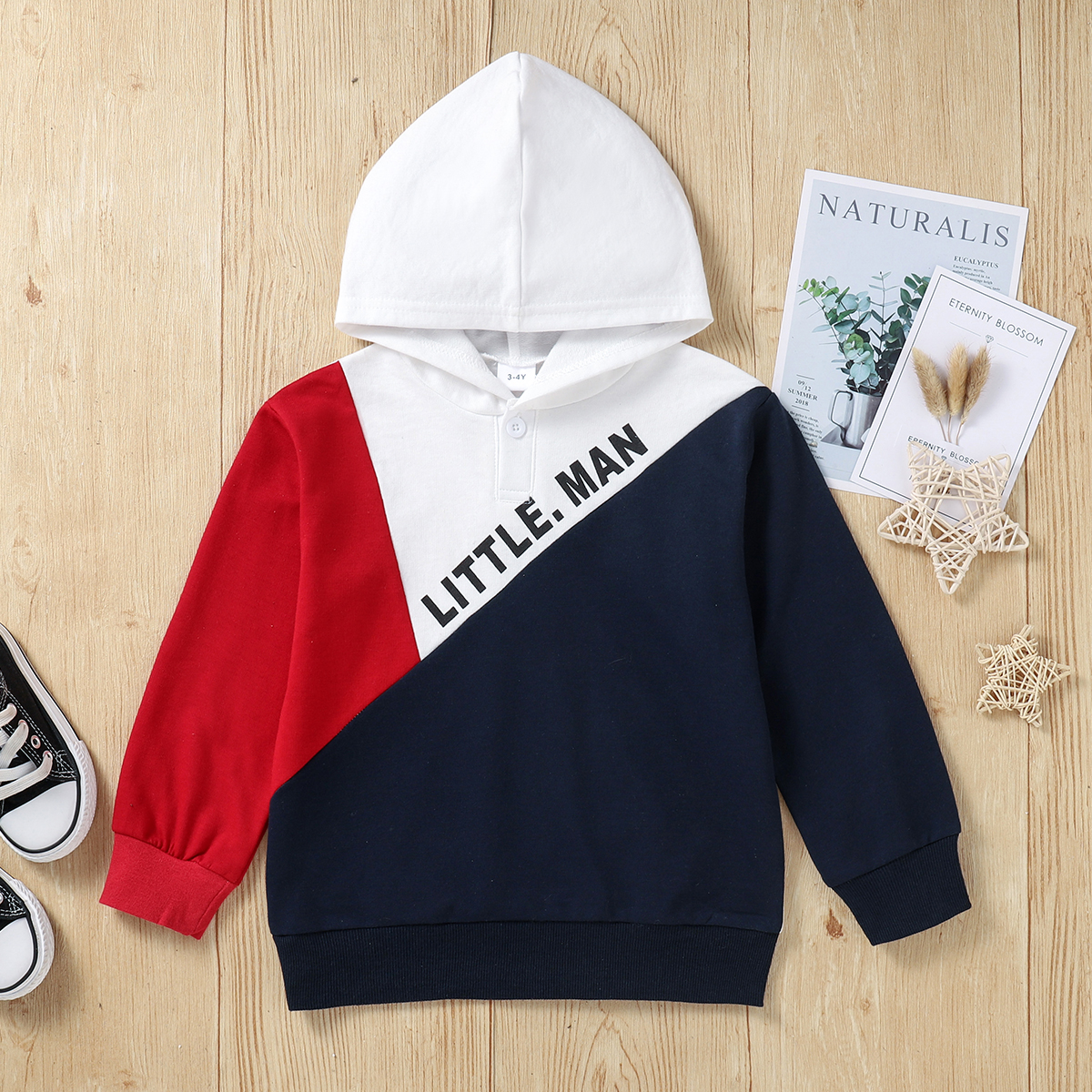 

Toddler Boy Letter Print Colorblock Button Design Hoodie Sweatshirt