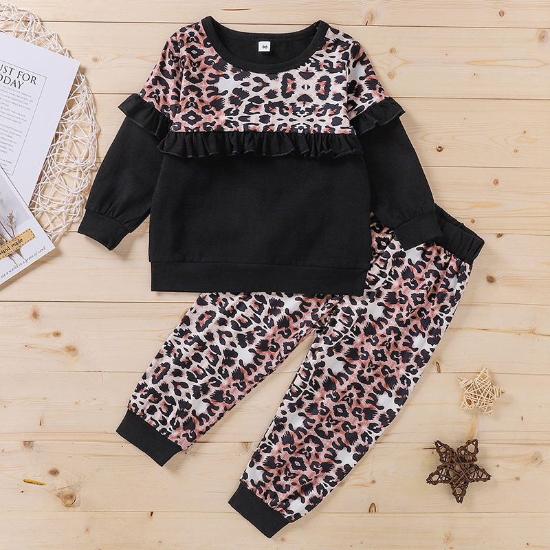 

2-piece Toddler Girl Ruffled Leopard Long-sleeve Top and Elasticized Pants Set
