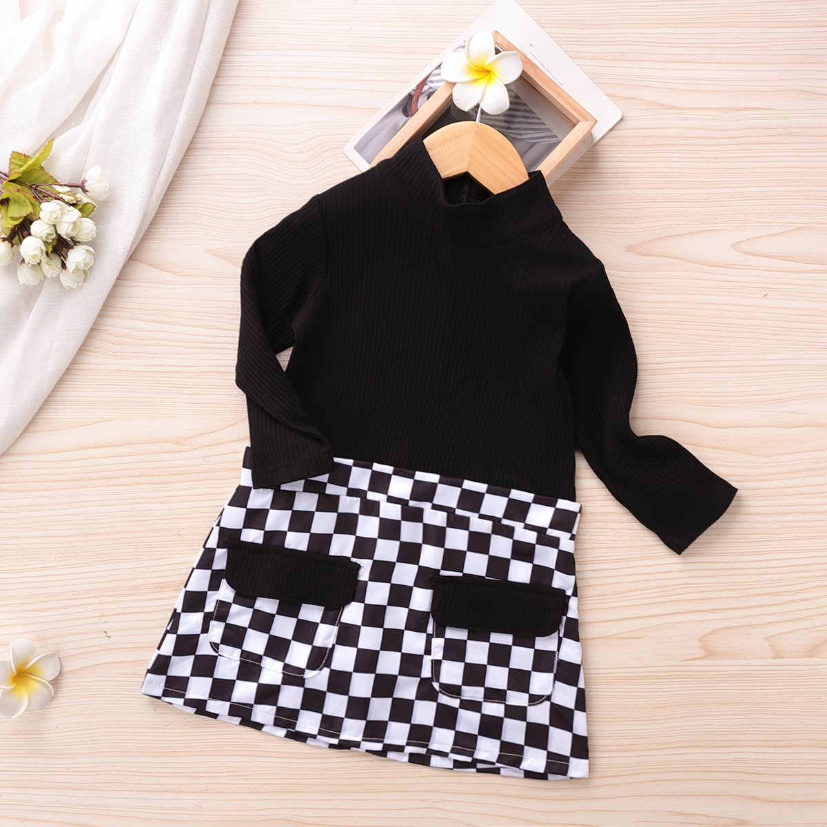 

Toddler Girl Stand Collar Zipper Solid Plaid Stitching Dress