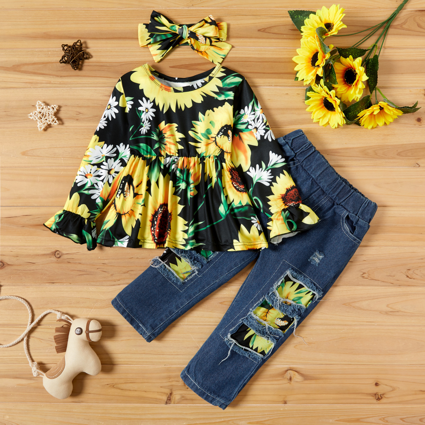 

3-piece Toddler Girl Floral Print Long-sleeve Top, Ripped Jeans and Headband Set