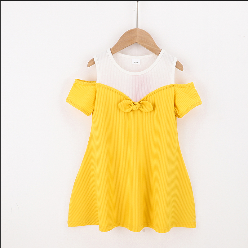 

Toddler Girl Cold Shoulder Bowknot Decor Colorblock Dress