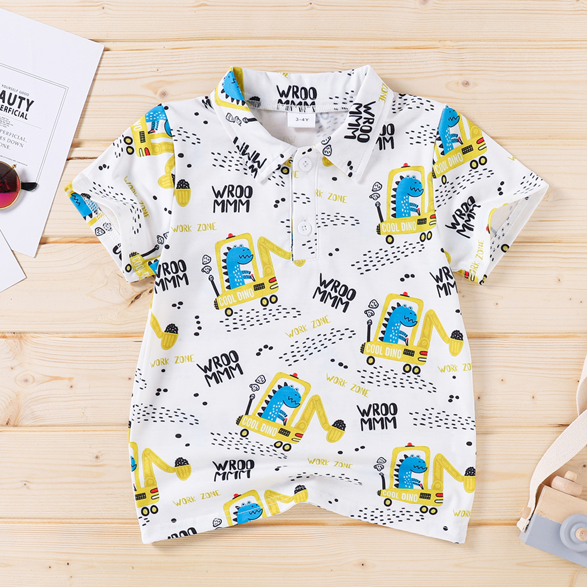 

Toddler Boy Letter Dinosaur Excavator Print Polo Shirt