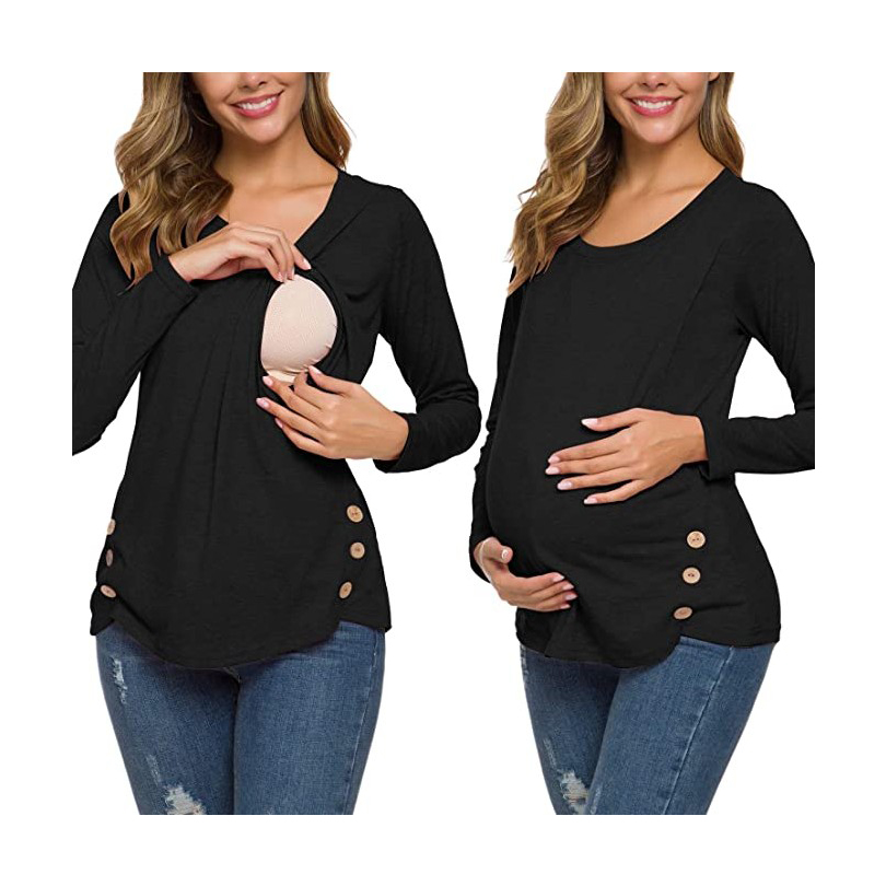

Maternity Round collar Plain Long-sleeve Nursing Tee
