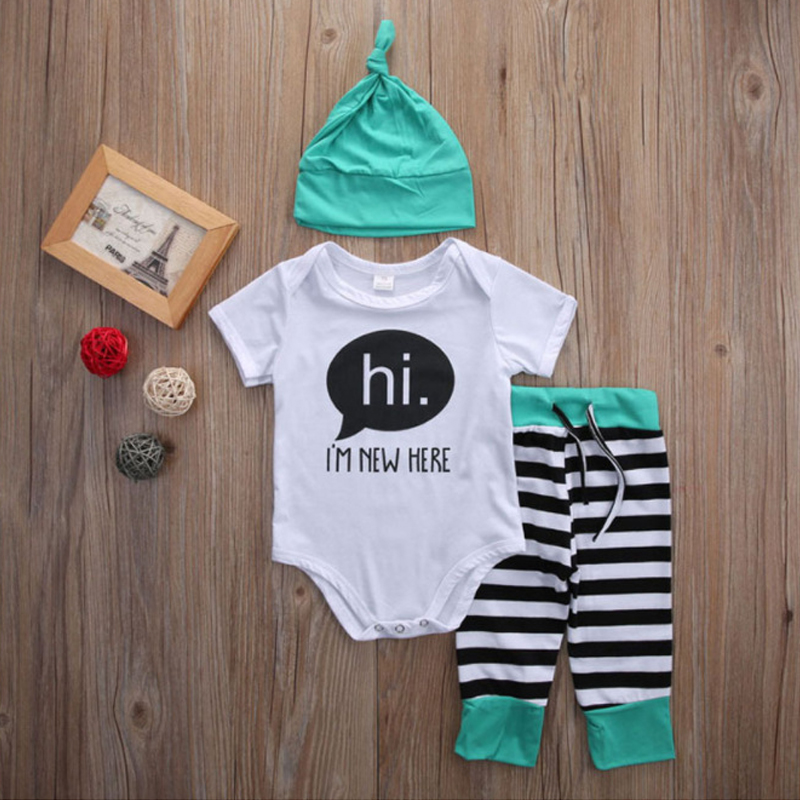 

Baby Casual Letter Print Romper and Striped Pants Set with Hat