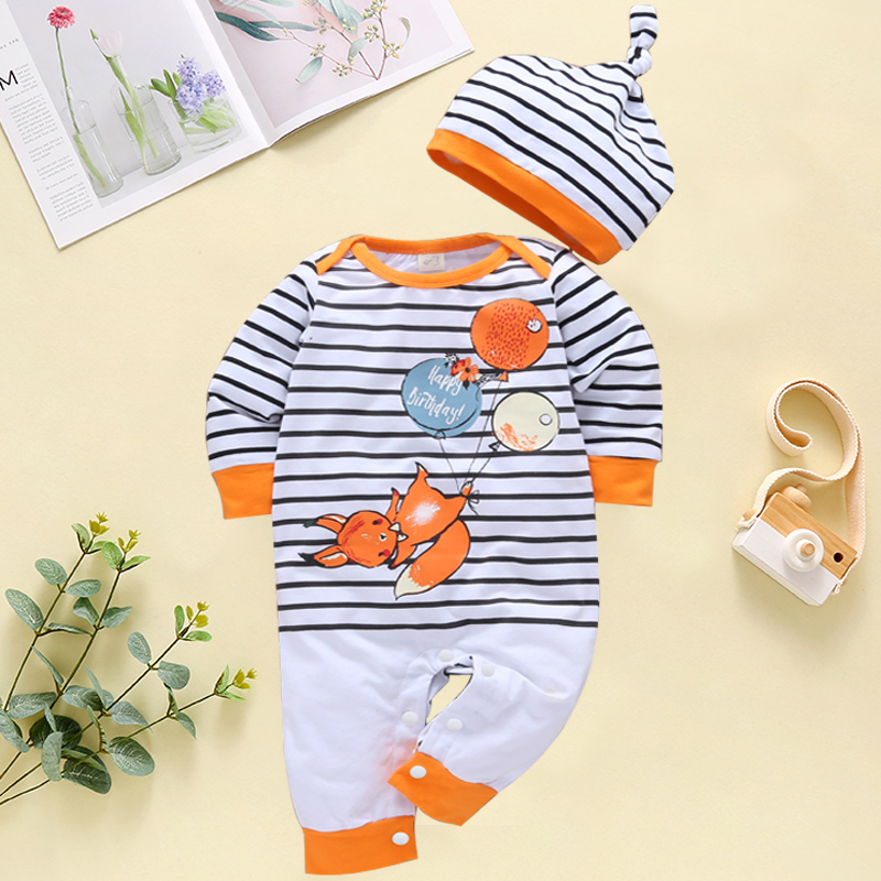 

2-piece Baby Animal Fox Striped Jumpsuit and Hat Set