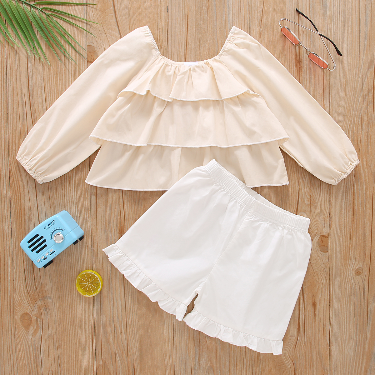 

2-piece Toddler Girl Ruffled Square Neck Long-sleeve Solid Top and Elasticized Solid White Shorts Set