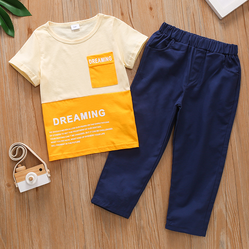 

2-piece Toddler Boy 100% Cotton Letter Print Colorblock T-shirt and Solid Pants Set