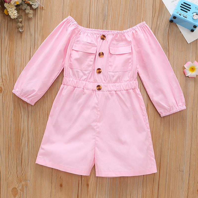 

Toddler Girl 100% Cotton Off Shoulder Button Design Long-sleeve Pink Romper Jumpsuit Short with Pocket
