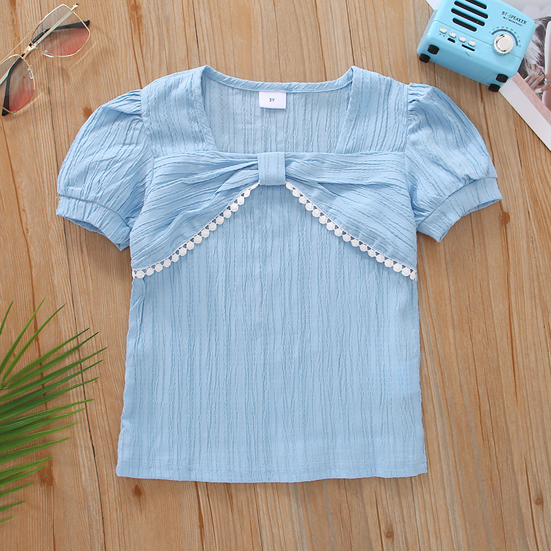 

Toddler Girl Bowknot Lace Decor Puff-sleeve Blue Top
