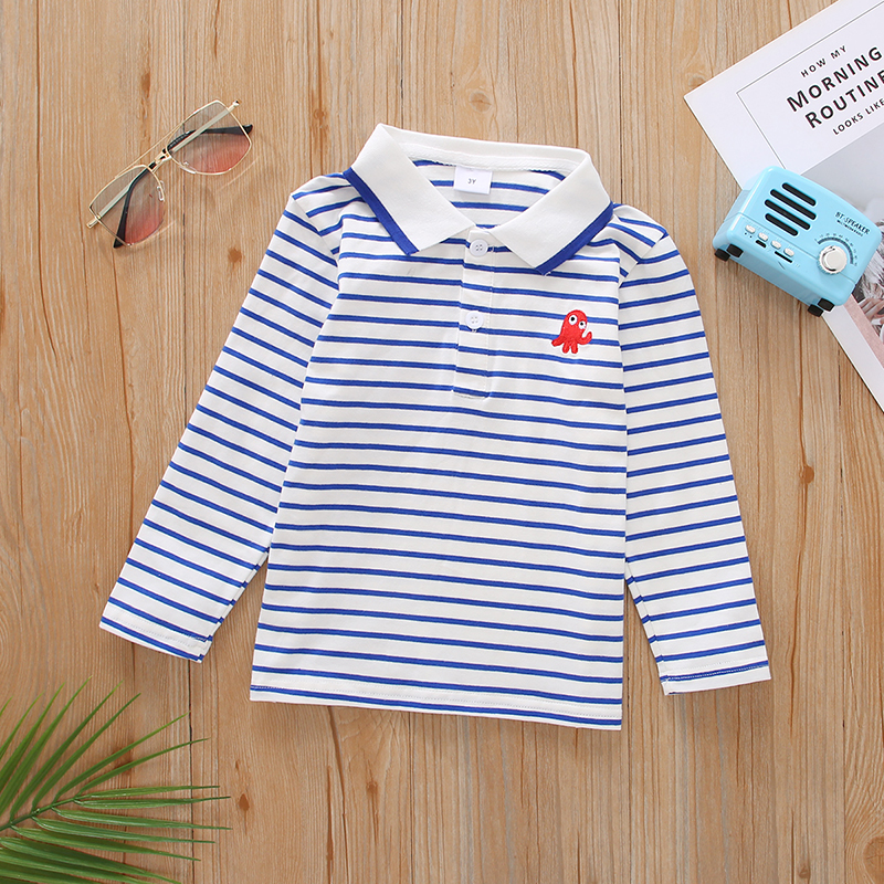 

Toddler Boy Animal Embroidery Striped Long-sleeve Polo Shirt