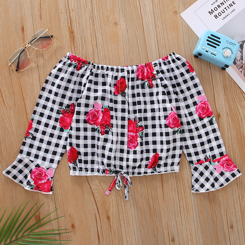 

Toddler Girl Off Shoulder Bowknot Plaid Floral Print Bell sleeves Blouse